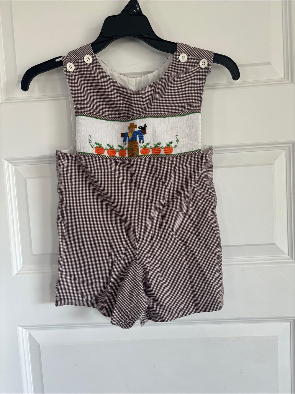 Remember Nguyen Gingham Brown Kids Romper with Pumpkin & Scarecrow Smocking